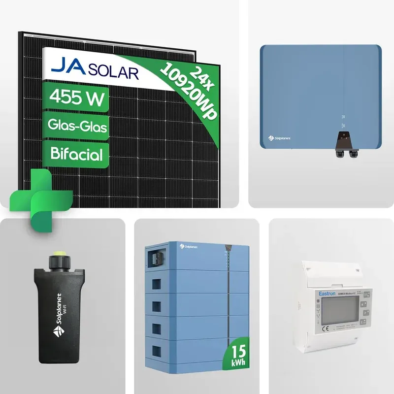 PV Set - 10920Wp PV-Komplettpaket mit 15kWh Speicher + JA Solar 455W Black Frame Glas-Glas Bifacial JAM54D40 455/LB PV Modul